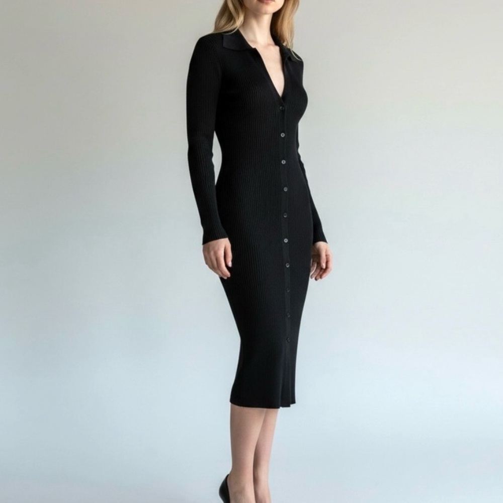 NWT❗️House of Harlow 1960 | Black Knit Ribbed Button Down Collared Midi Dress